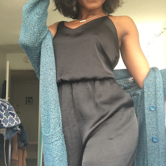 Black Wide Leg Midi Length Strappy Satin Romper - Picture 3 of 4